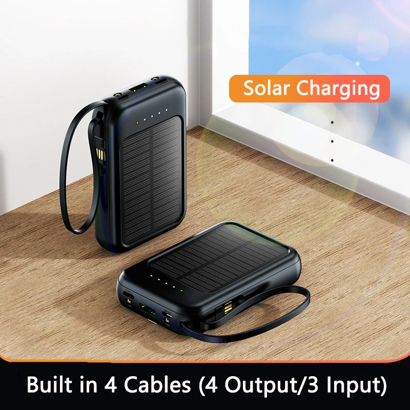 Solar Power Bank 20000 mah vstavaný v 4 káblovej prenosnej nabíjačke pre batériu pre iPhone 14 Samsung Xiaomi Huawei Powerbank s LED svetlom