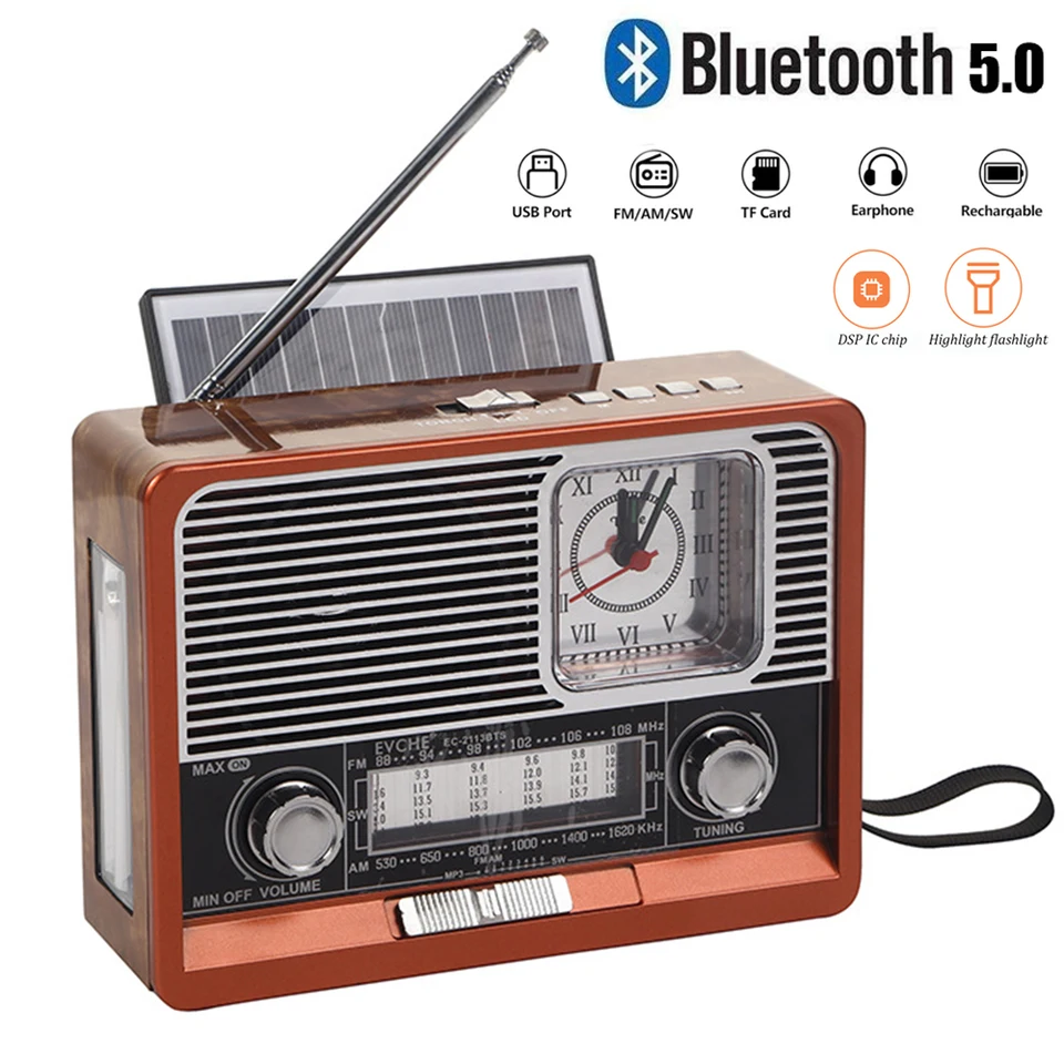 Solar Retro Radio FM Am SW prenosný prijímač Bluetooth reproduktor mp3 hudobný prehrávač s LED svetlom podporuje USB TF karta aux