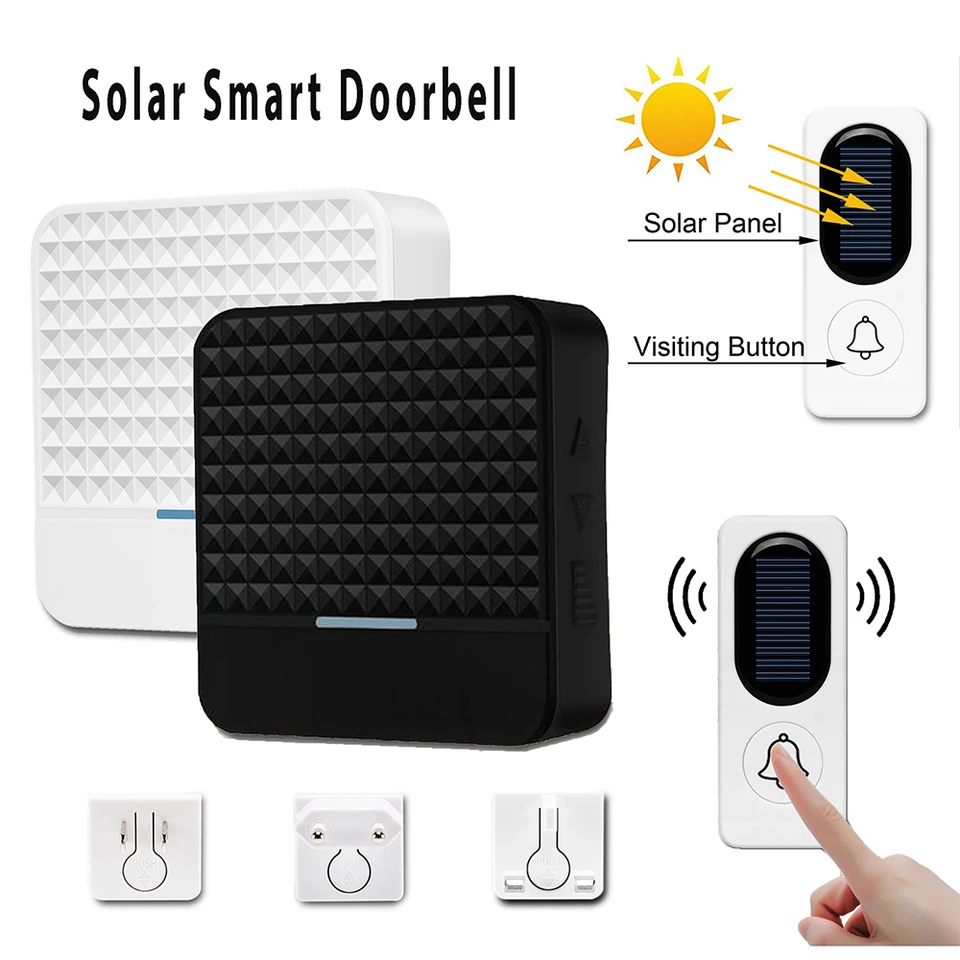 Solar Wireless Door -Bell Nízky výkon vonkajší IP65 nepremokavý max 300 m dlhý dosah brány vstupný Vistor prsteň zvonenie zvončeka eu US zástrčka