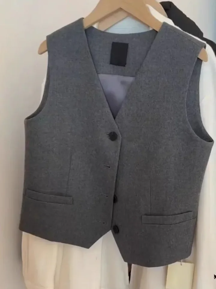 Solid Grey Slim Blazers Vesta Summer Bez rukávov krátka bunda Ženy Streetwear All-Match Office Lady Kórejské módne kardiganové kabáty