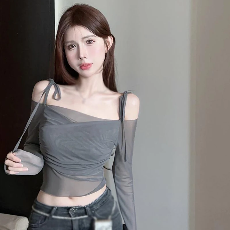 Solid Slim Streetwear módne orezané vrchné letné leto y2k estetické ženy s dlhým rukávom tričká s lomí