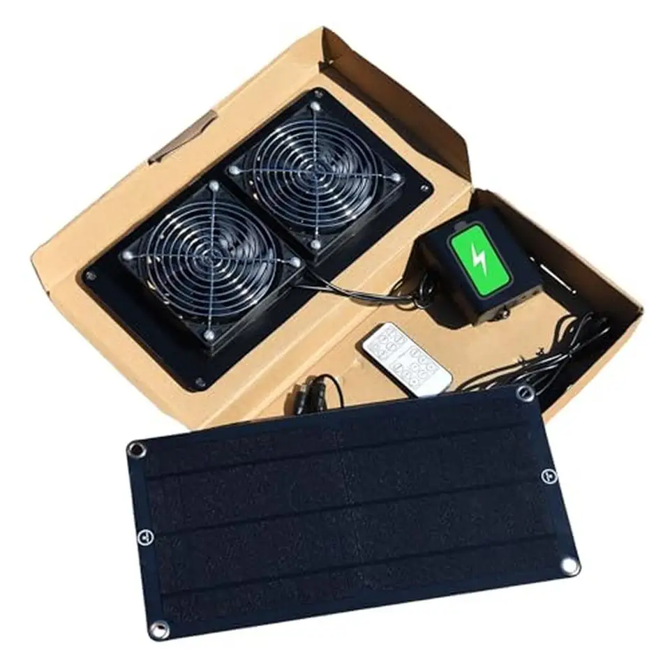 Solárna súprava ventilátorov výfukových plynov so záložnou batériou Samoregulačný časovač 2 ventilátory USB Ovládač s časovačom a vzdialeným solárnym panelom 10W
