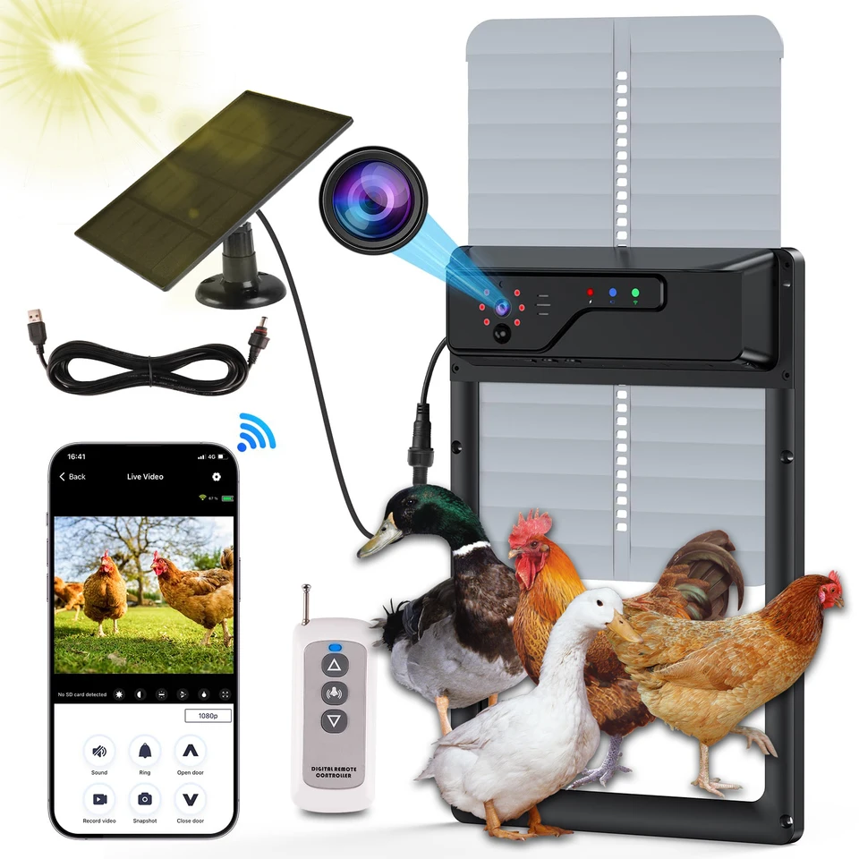 Solárne automatické dvere kuracieho koláča s fotoaparátom 1080p automatické kuracie dvere Solárne napájanie True App Control WiFi Network Monitor časovač