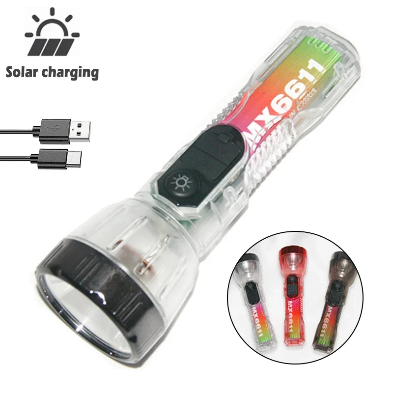 Solárne baterka 3 Svetelné modetype-c nabíjateľné super svetlé baterky s batériou 1200 mAh vonkajšie kempingové vyhľadávanie lampáš