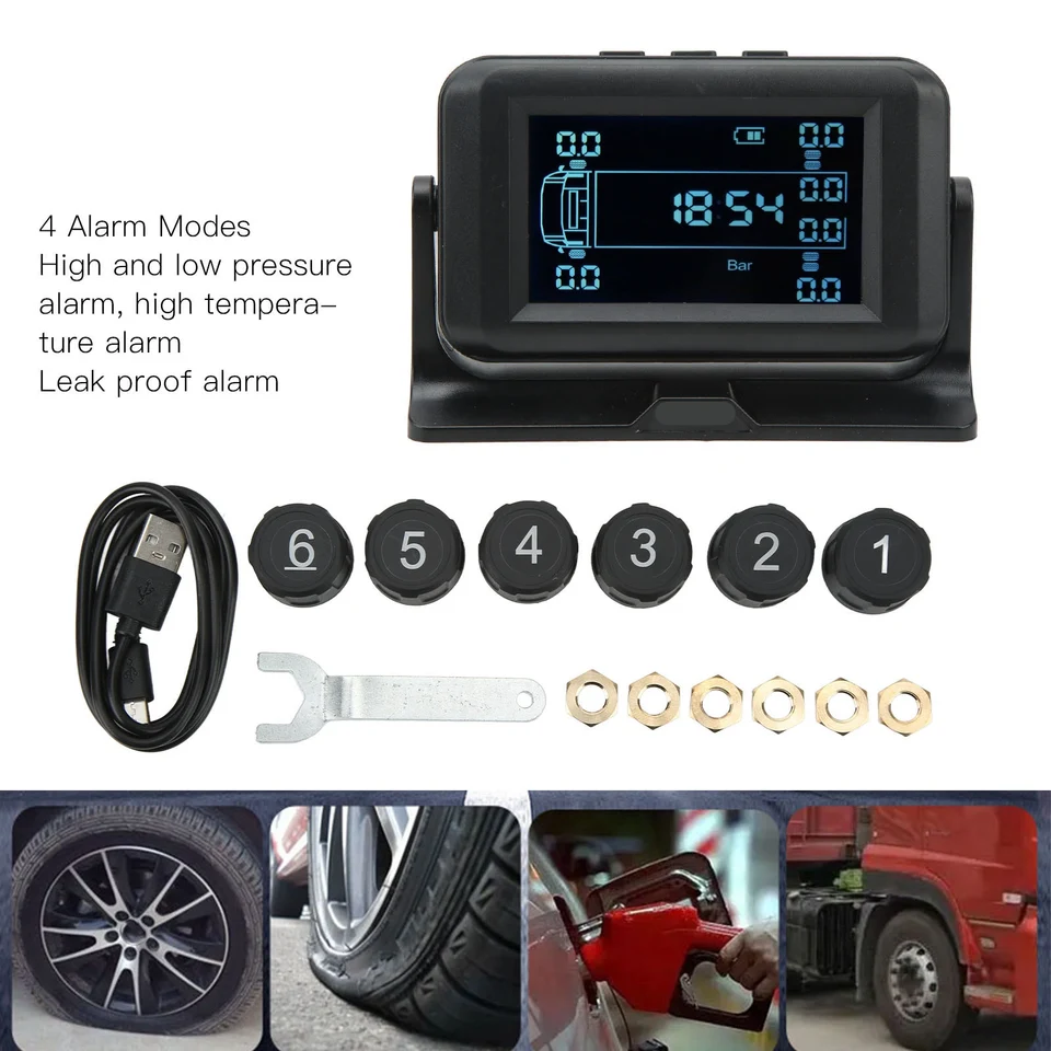 Solárne TPM 6 kolies: bezdrôtový monitor tlaku v pneumatikách so 4 alarmovými režimami, vodotesný IP67, 8bar DC 5V pre nákladné auto a RV