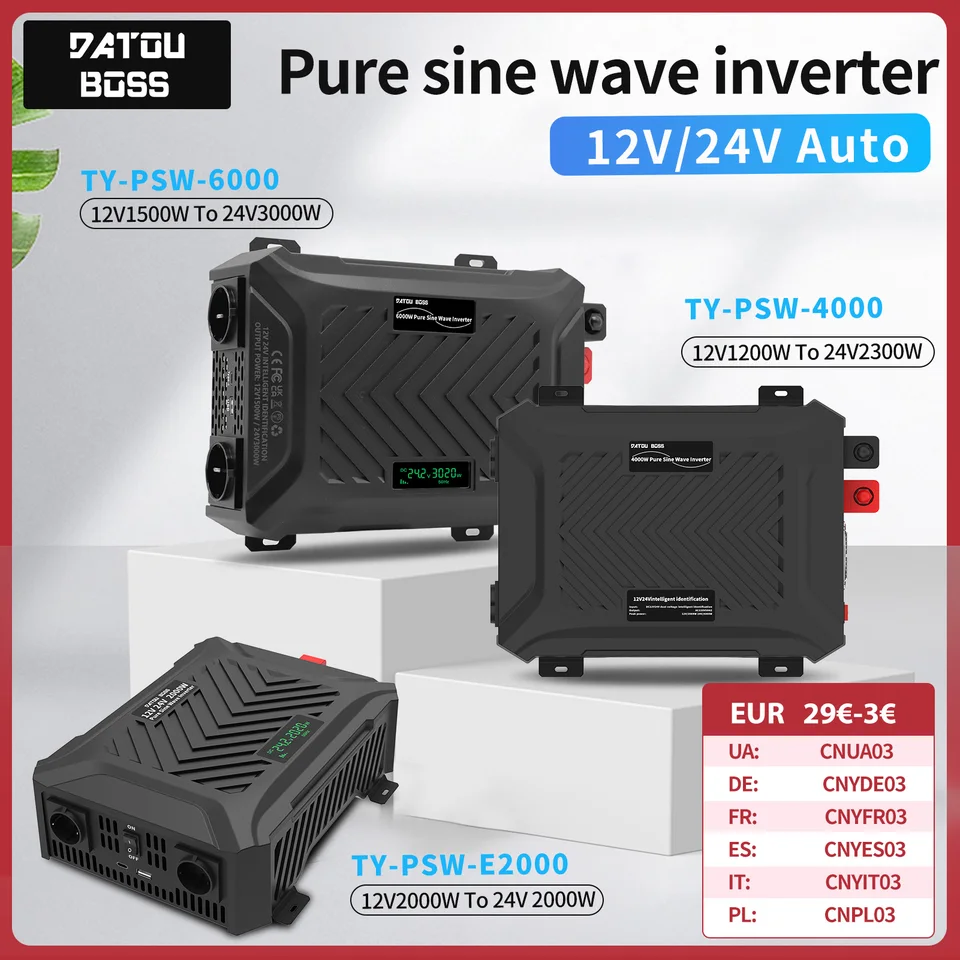 Solárny invertor DATUBOSS 12 V až 24 V automaticky čistý sínusový vlnový menič DC DC DC na prenosný automobil s prenosným automobilom 1200W 2000W 3000W