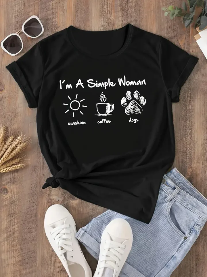 Som jednoduchá žena s písmenami Sunshine Coffee Dog Patter Tričko Zábava roztomilý retro dámske tričko módne letné letné topenie