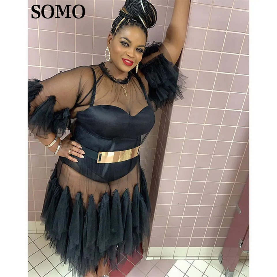 Somo 5xl Plus pre ženy letné oblečenie Čierne sieťové patchworky Nepravidelné dlhé šaty Sexy Pozrite sa cez veľkoobchodné kvapky
