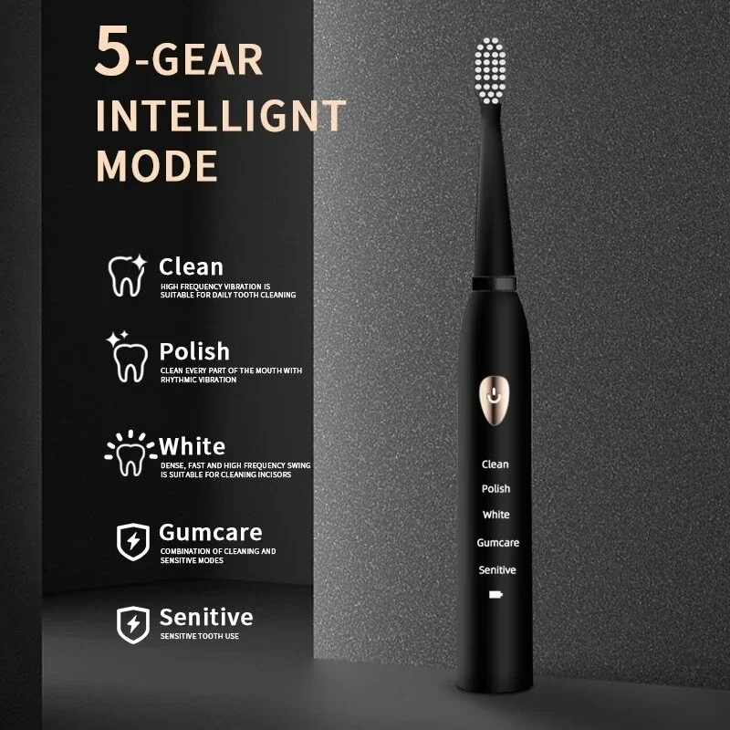 Sonic Electric zubná kefka na zubné kefky 5-gear nabíjanie USB 4 farby IPX7 nepremokavá ultrazvuková nabíjateľná zubná kefka na mäkké vlasy