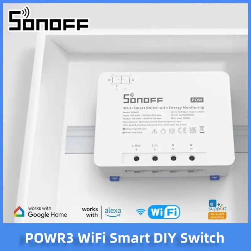Sonoff Powr3 WiFi Smart DIY Switch 25a 5500W Power Meering Preťaženie ochrany energie úspory Ewelink App Alexa Voice Conrol