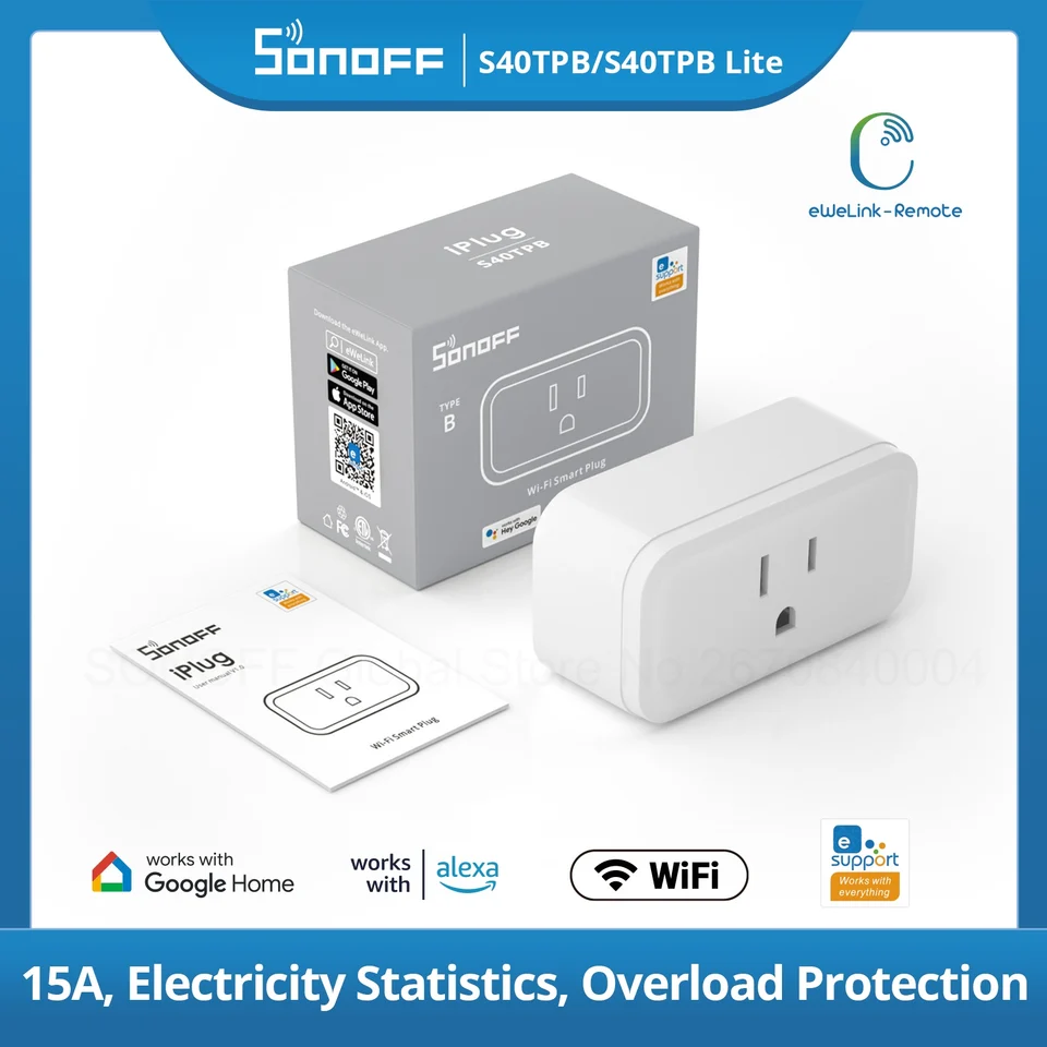 Sonoff S40/ S40 Lite Typ B 15a WiFi Smart Plug Mini Wi-Fi Socket Voice Dramo ovládacie prvky cez R5 spolupracuje s Alexa Google Ewelink