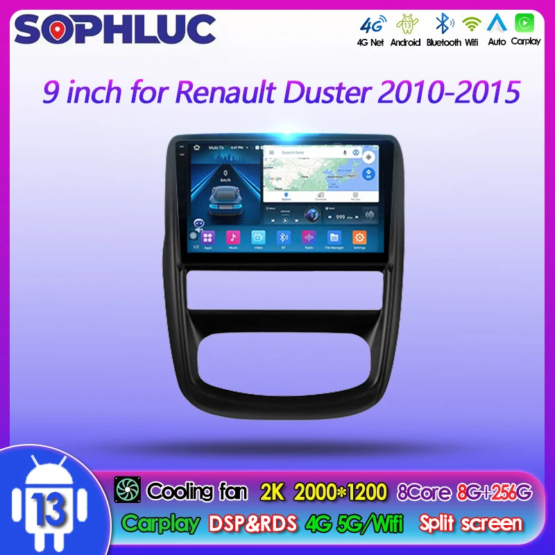 Sophluc 9 palcov Android 13 Car pre Renault Duster 2010-2015 Multimedia Vedio Player GPS Navi BT MP5 4/5G WiFi 2Din CarPlay