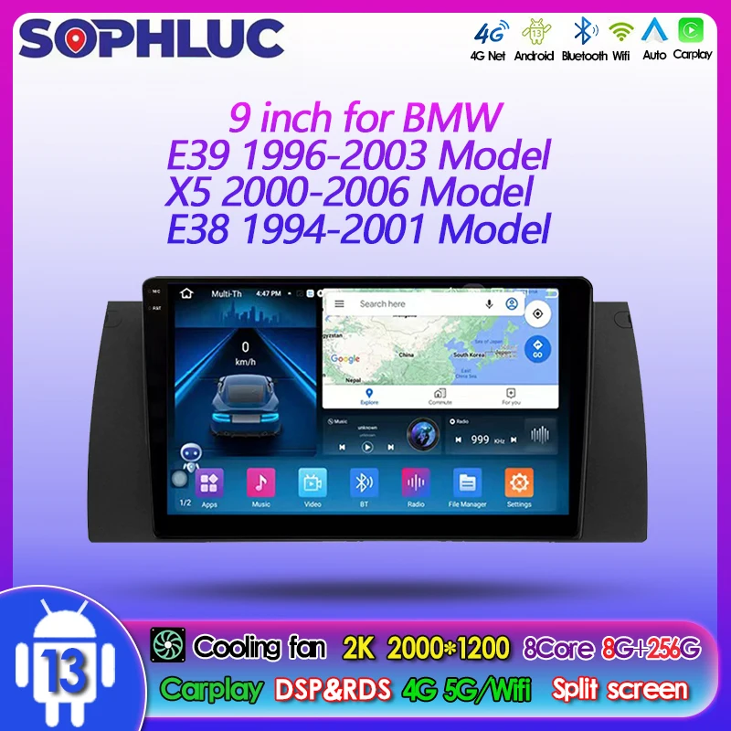 Sophluc 9 ″ Android 13 Cardio Radio pre BMW E39 96-03 E38 94-01 X5 00-06 Multimedia Vedio Player GPS Navi BT MP5 DSP EQ 2Din CarPlay
