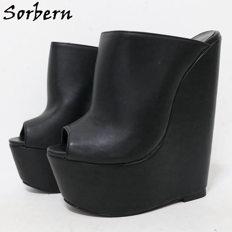 Sorbern Black Matte 20 cm Ženské papuče otvorené šmykľavky na hustá plošina snímky Mules veľká veľkosť vlastná farebná päta výška päty