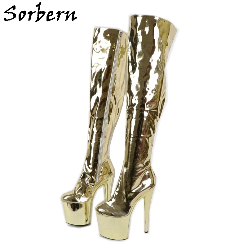 Sorbern Gold Metallic Dance Tance Tance na koleno ženské striptéry podpätky 20 cm extrémne vysoké podpätky stredné stehná High Boot Custom