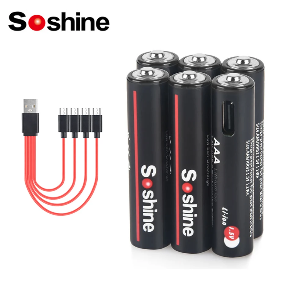 Soshine 1,5 V AAA 1100MWH Nabíjateľná batéria USB 1100 mH lítiové batérie 1000 -krát cyklus pre diaľkové ovládanie bezdrôtovej myši