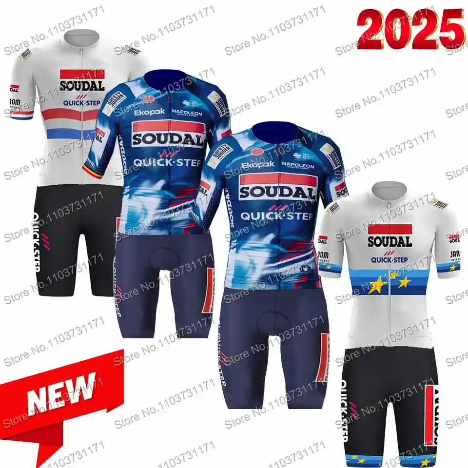 Soudal Quick Step 2025 Cycling Jersey Nastavený krátky rukáv Euro Champion Clothing Road Biks Tirls Suit Bicycle Bib Shorts Maillot