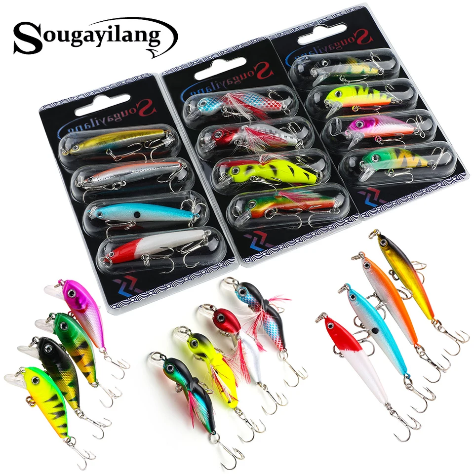 Sougayilang Rybárska návnada sada 4ks Wobbler proti korózii Háčik basový rybolovná návnada pre rybárske kladky na morské kapry de pesca