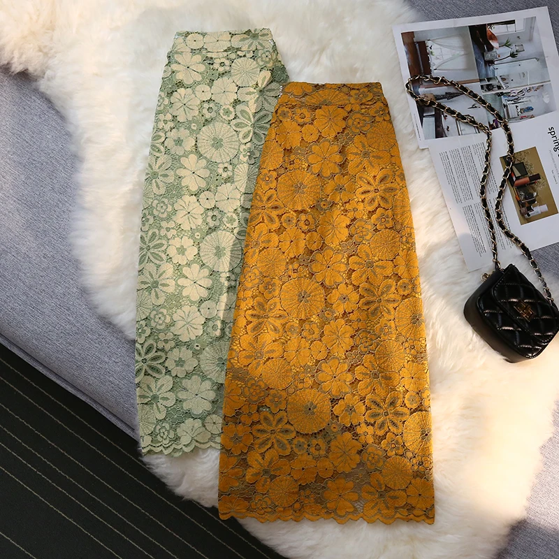Soulish jarné letné letné dámske čipky sukne Elegantné vysoký pás späť rozdelené háčkované úrady Dámske dámske midi ceruzka sukň