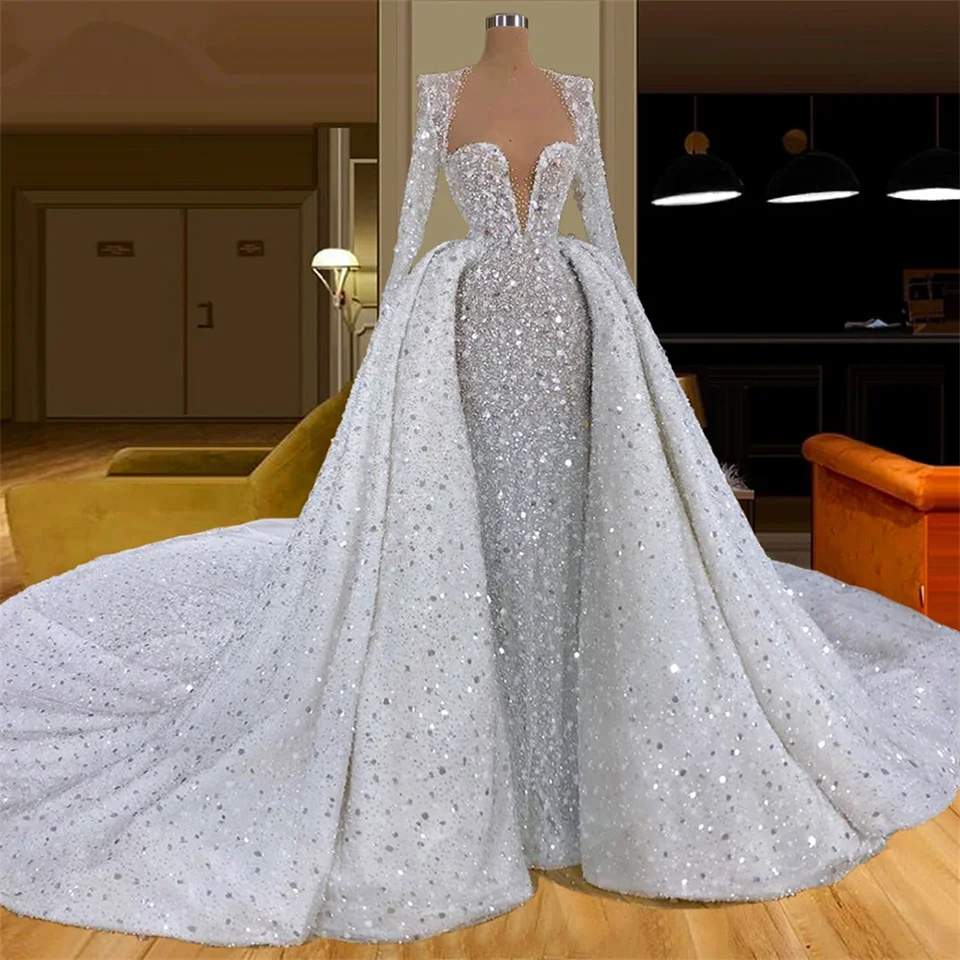 Sparking See Prostredníctvom svadobných šiat v morskej pannici flicky v krku Svadobné šaty na mieru vyrobené Dubaj odnímateľné Vestido de Novia