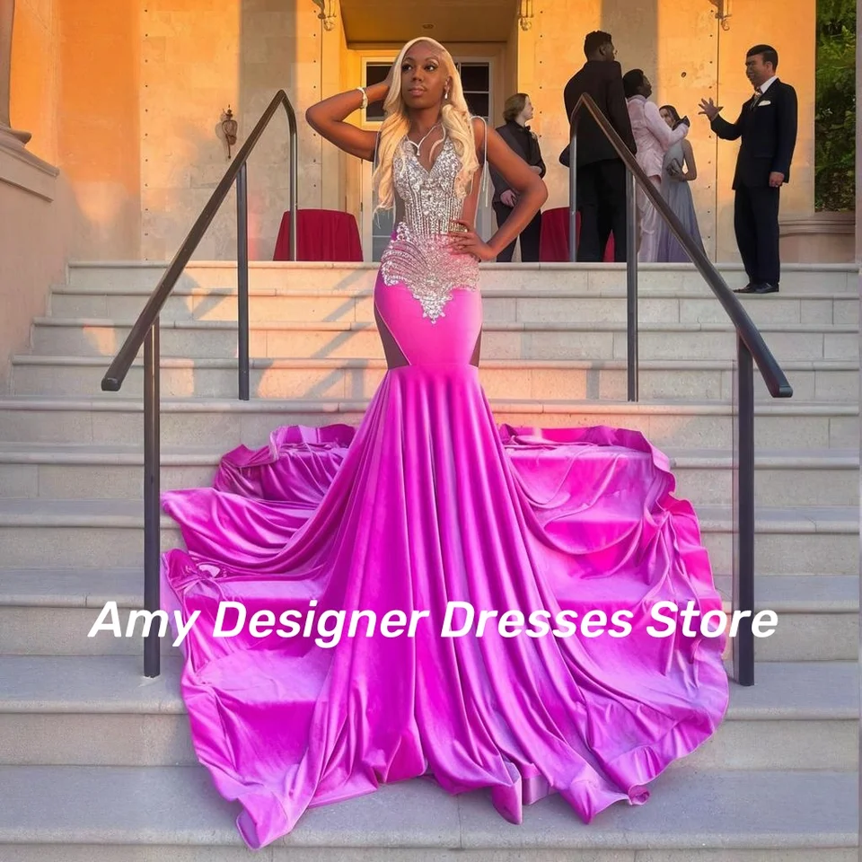 Sparkle Hot Pink saténové šaty čierne dievčatá 2025 Sexy morská panna korálkové kamienky dlhé šaty Desia Dress Ženy luxus prispôsobené