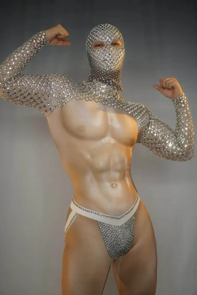 Sparkle Stone nahý svalová muži kombinézy s dlhými rukávmi kamienky outfons outfit Evening Prom