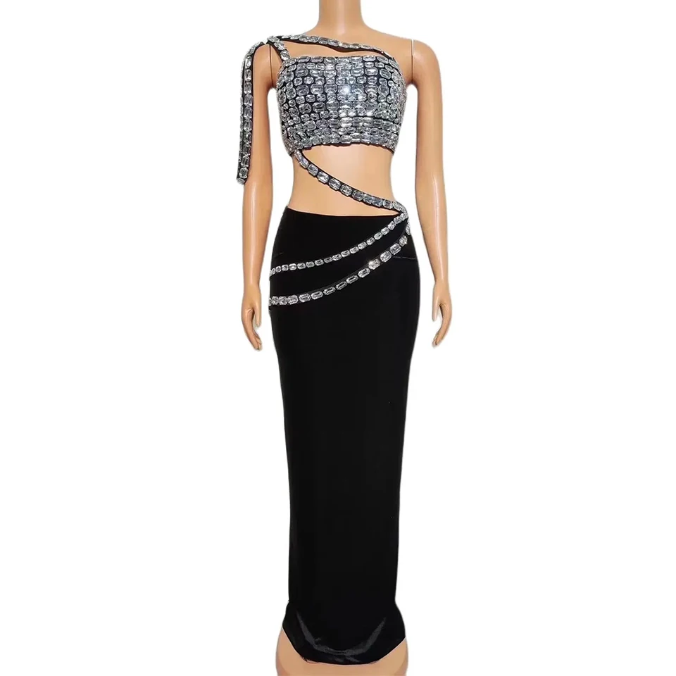 Sparkly Diamonds Tube Top dlhá sukňa Dve kusy Sada Ženy Sexy pódium oslavujte večerné prom narodeniny fotky Fotografie šaty pódium