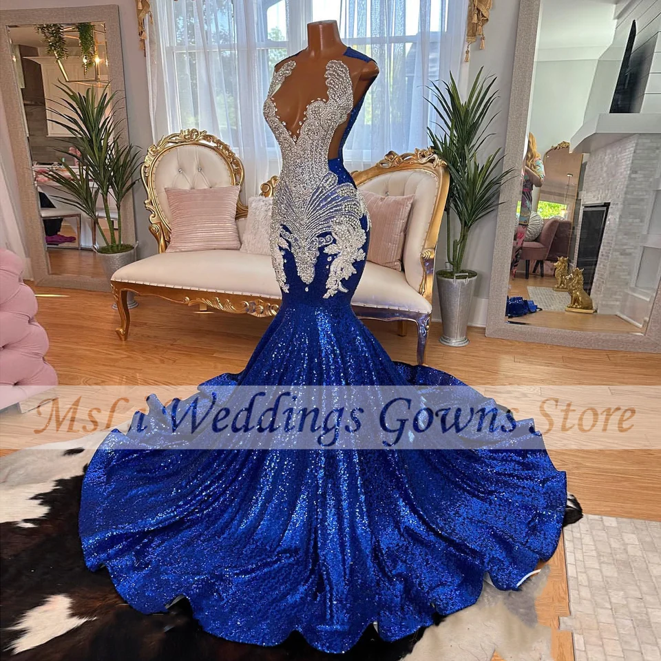 Sparkly Royal Blue Mermaid Prom šaty trblietavých korálikov narodeninové oslavy večerné šaty promócie šaty فستان حفلات الزفاف vestidos