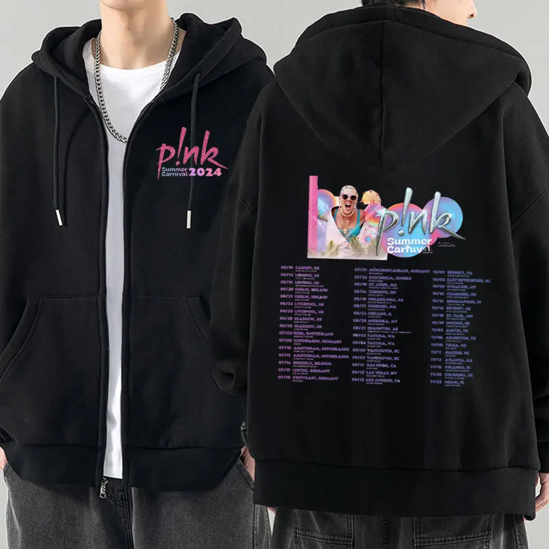 Speváčka P! NK Pink Summer Carnival 2024 Festival Svetové turné zips-up mikina Men módne hip hopy nadmerne zipsová bunda muž
