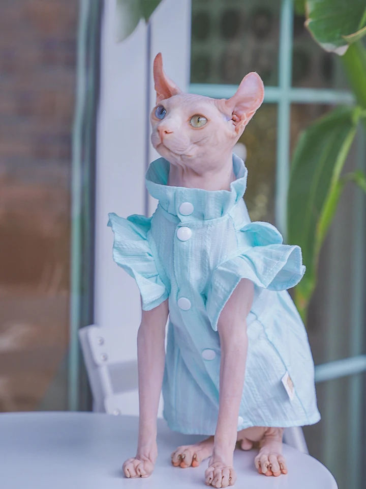 Sphynx mačka princezná šaty bavlnená sukňa pre bezsrsté mačacie oblečenie mäkké sladké modré kvetinové šaty pre devon rex mačiatka srsť leto