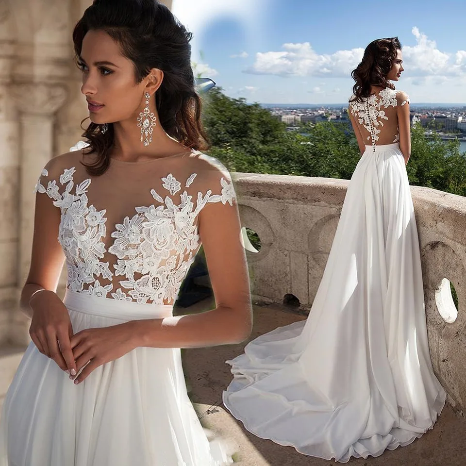 Split Beach Svadobné šaty čipky rúcho de mariée o-neck Vestidos de Novia Appliques plus veľkosť Vestido de noiva prispôsobené