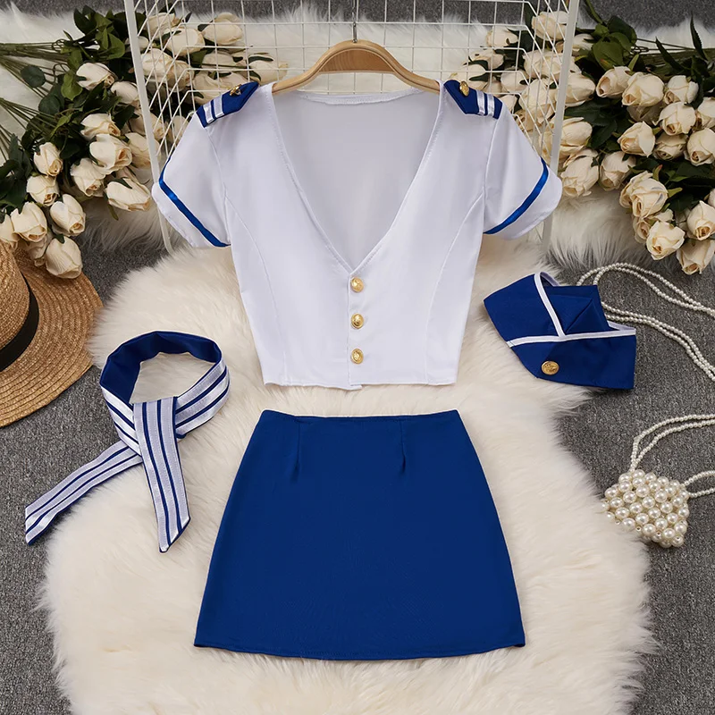 Spodná bielizeň Žena sexy námornícky dôstojník Flight cosplay uniformný role-hranie krátkych oblekov 4 kusy prs