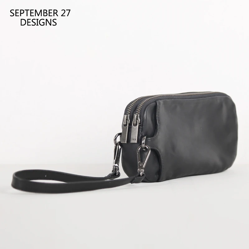 Spojková taška Men Men Skutočná koža Luxusná ručne vyrábaná príležitostná neformálna remienok na zápästie Mobilný telefón peňaženka Cowhide Double Zipper Long Storage peňaženky