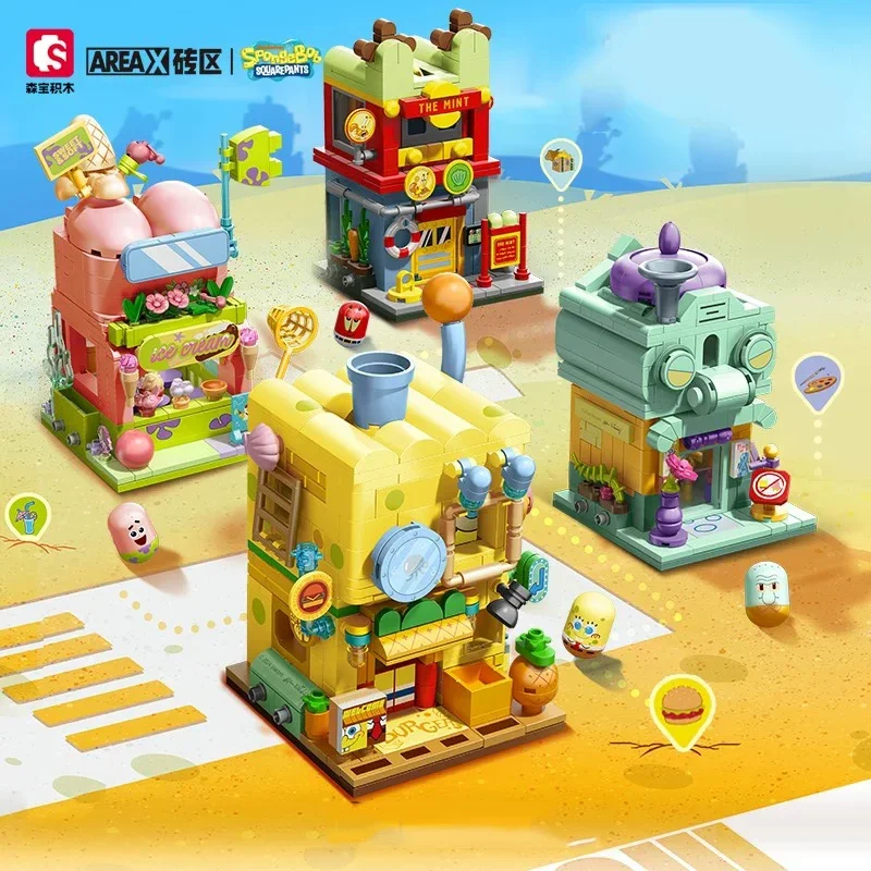 SpongeBob Squarepants Budúce bloky dvojvrstvovej scény Hamburger House Ice Cream Shop Art Gallery Gallery tehly set detské hračky