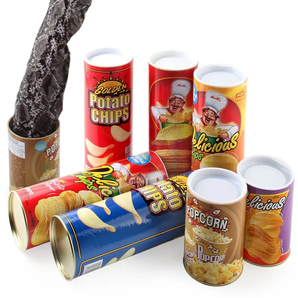 Spoofové vtipy opakovane použiteľné falošné hadie hračky Jump Magic Triks Spring Snake zemiakový čip plechovky hračky popcorn Can Party Decotion