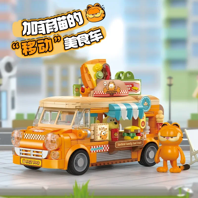 Spot fermi stavebné bloky Garfield Food Cart Dining Cott Building Blocks Trend Play Zhromaždenie Pohyblivé ozdoby Model Zbierka modelu