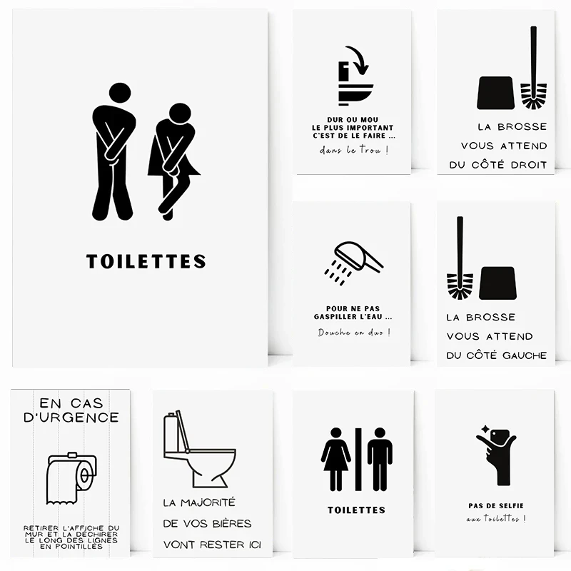 Sprievodca symbolom Buanderie WC Symbol Sprievodca práčovňou Sprievodca kefou Kefy Plagát a plátno Tlápna nástenná umenie Obrázok pre toaletnú kúpeľňu dekor