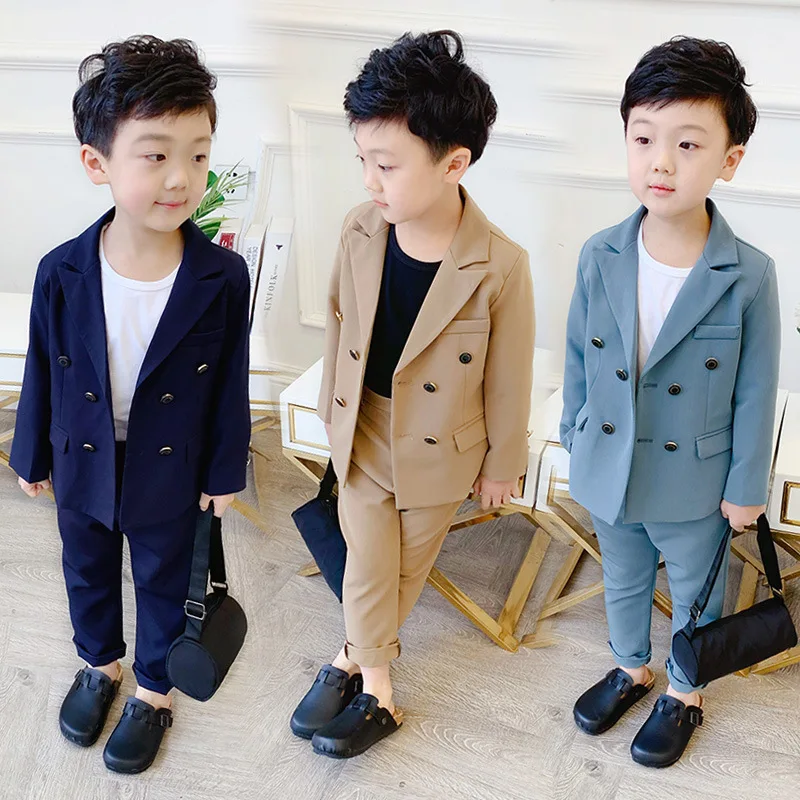 Spring Autumn Boys Double Breast Set Children Fashion Blazer + Pants 2ks outfit Detské párty hostiteľské narodeninové šaty kostým kostým