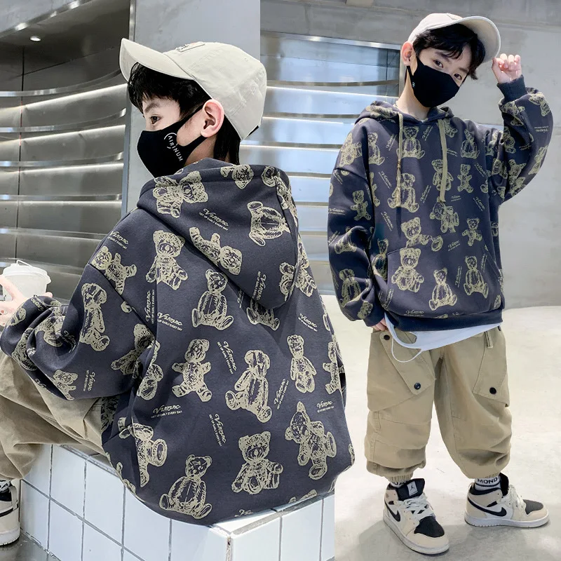 Spring Autumn Boys Loose All-over Tlač mikiny Škola Škola Kids Track Pullover Hoodie Coat Detské práce Drimump Outfit Top 5-16yr