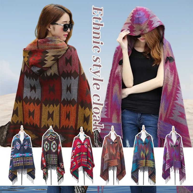 Spring Autumn Dámske kapucne Poncho Cape Cloak Fringed Tassel Shawl Wrap Sweater Český štýl šál šál šál
