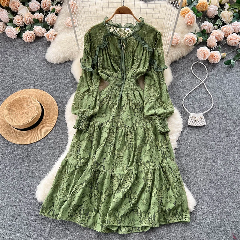Spring Autumn Dámske čipky midi šaty vintage okrúhly krk lucerna s dlhým rukávom s vysokým pásom A-line elegantná párty rúž nová móda 2024
