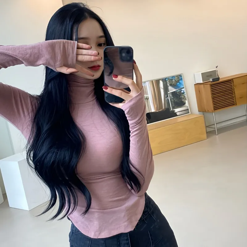 Spring Autumn High Collar Top Woman Spevná farba s dlhým rukávom Bottine Top Fashion Kórejská verzia blúzka Blúzka Príležitostný lenivý štýl