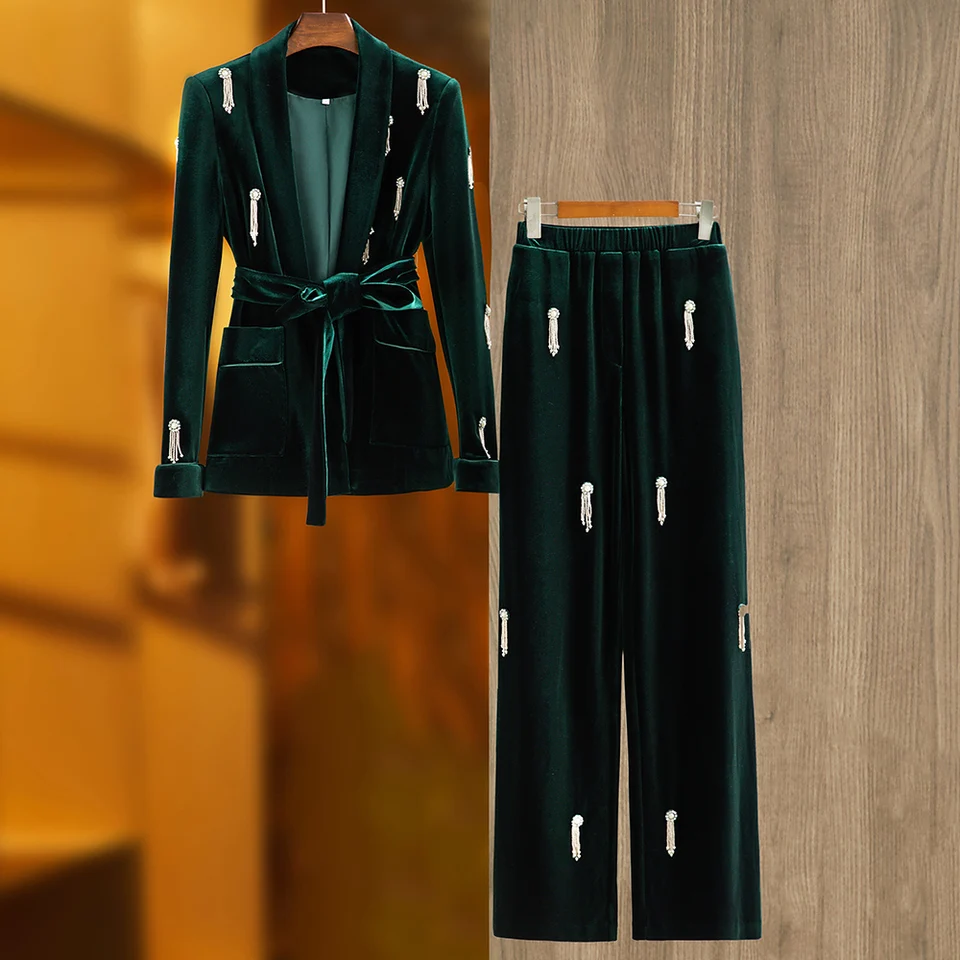 Spring Autumn High Street Ženy tmavozelené zamatové 2ks nohavice obleky krásne kamene reťaze luxusné sako sety