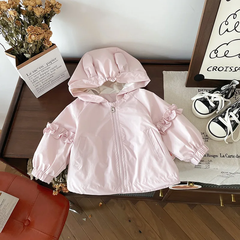 Spring Autumn Pink Dievčatá s kapucňou s kapucňou 1-6 rokov staré dievčatá Solid Casual Ruffer Zips zips