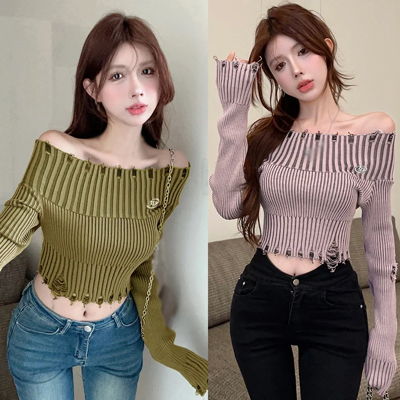 Spring Autumn Slim Sexy diera móda Módna farba z ramena vystavte pupok Dámske dámske pletené pletené slova rukávy sveter