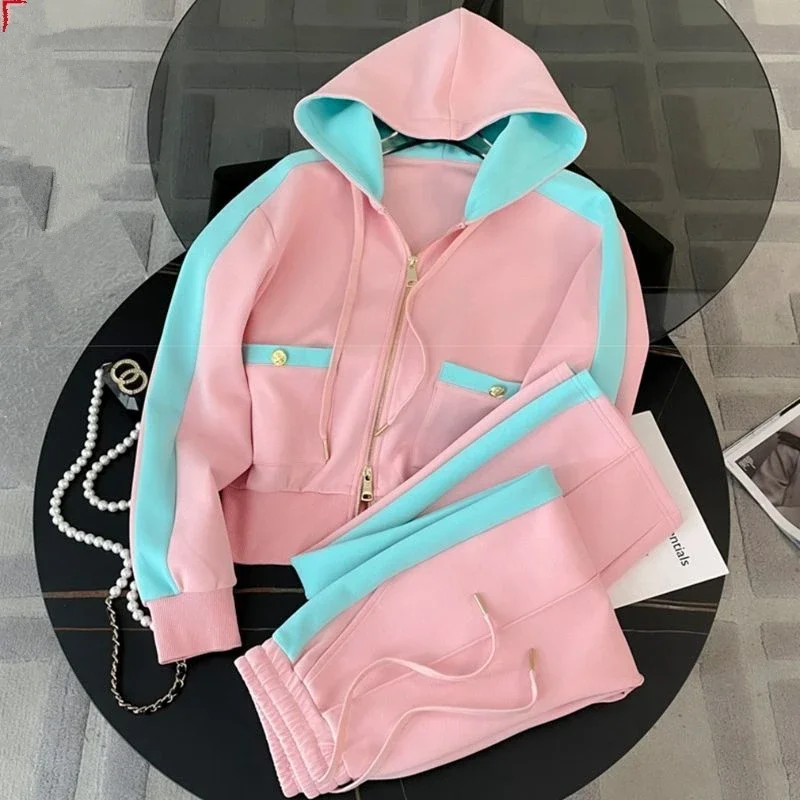 Spring Autumn Sporty Hooded Strhirt Coats nohavice Dvojdiely pre ženy neformálne ružové bundy široké nohavice nohavice