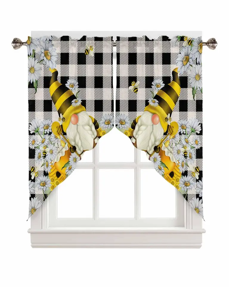 Spring Bee Gnome Swag Valance Curtains, medový včelí štiepka Daisy tyč vrecko Kuchynské záclony obývacia izba kúpeľňa okno