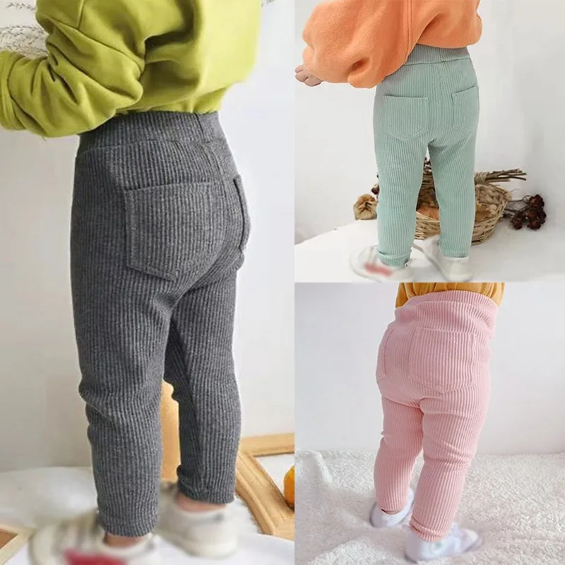 Spring Fashion Dievčatá legíny bavlnené tuhé farby zvislé legíny tenké nohavice bavlnené vrecká dieťa všetky zápasy 1-6t