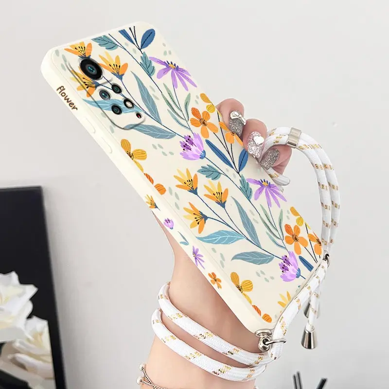 Spring Flower Crossbody Lanyard Silikónový puzdro pre puzdro pre Xiaomi Redmi Note 12 11 Pro 11 12 Pro 11S 12 Pro Plus10 Pro 10 Cover