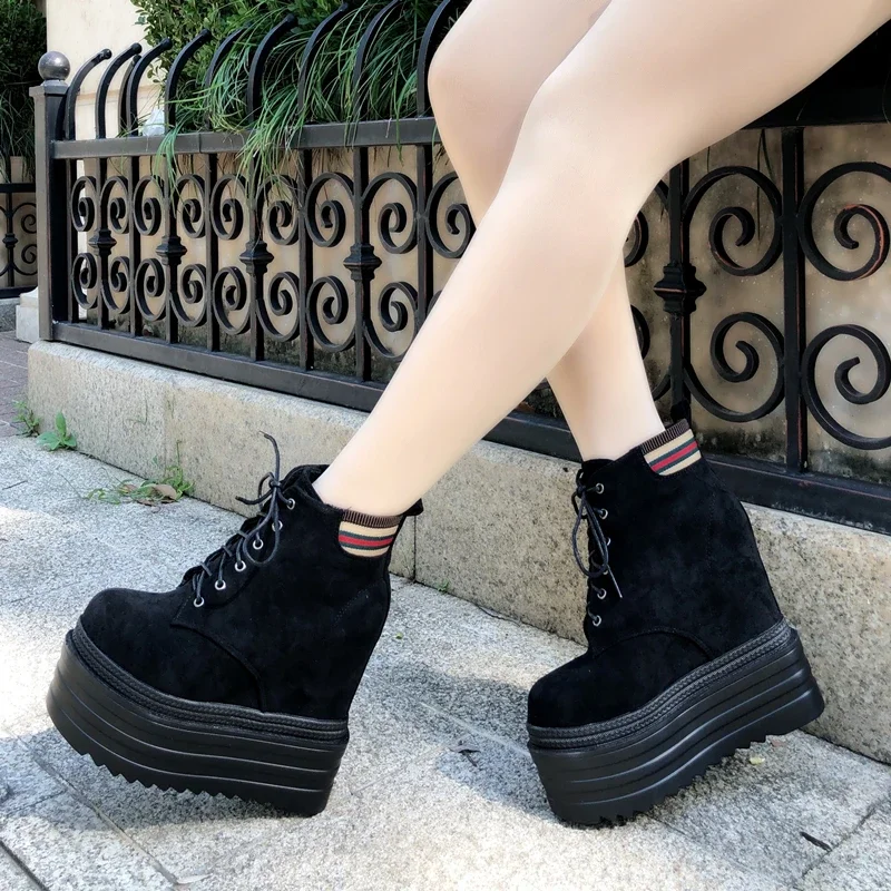 Spring High Platform topánky 14 cm vysoké podpätky Ženy Hrubé podrážky topánky kožené klinové tenisky nepremokavé priedušné ležérne topánky